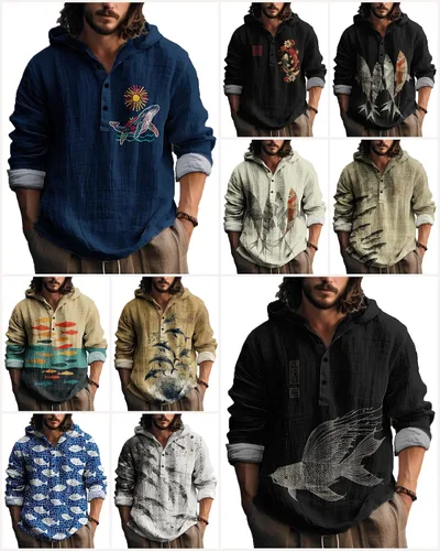 Vista 2 de MARSVOVO Camisa con capucha para hombre, vintage, retro, de 3 botones, manga larga, ligera, ligera, a la moda, casual, para uso diario, primavera