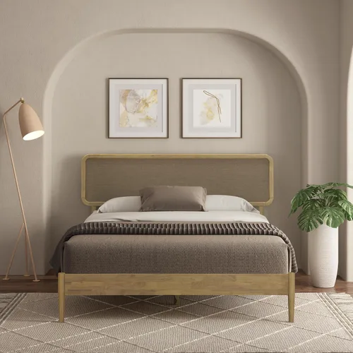 Vista 17 de Lupin - Base de cama de madera con cabecero, base de madera de roble macizo y goma con listones silenciosos y soportes centrales de madera, Negro