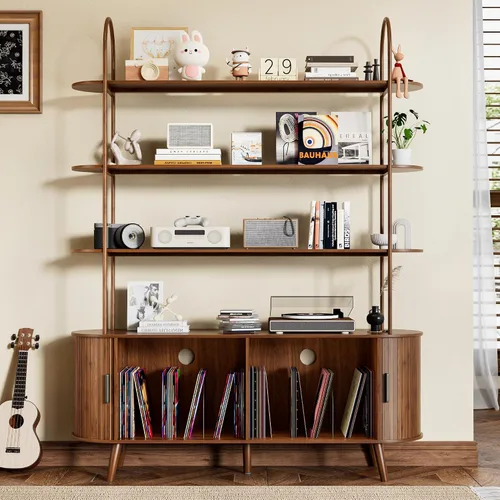 Vista 10 de Soporte Alto para Tocadiscos de Vinilo, Estantería de 4 Niveles con Puertas Corredizas, Gabinete Retro Pequeño para Almacenamiento de Discos