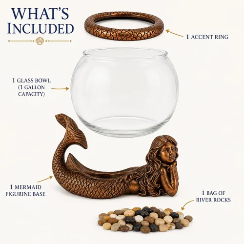 Vista 4 de Jarrón Decorativo de Sirena Mística – Acuario de Vidrio de 1 Galón, Terrario o Portavelas Figura de Sirena Antigua Dorada con Jarrón, Anillo