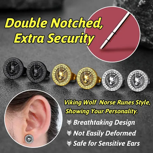 Vista 3 de FaithHeart Aretes de tuerca vikingos nórdicos para hombres y mujeres, de acero inoxidable, con diseño de valknutbrújulanudo celtacabeza de lobo