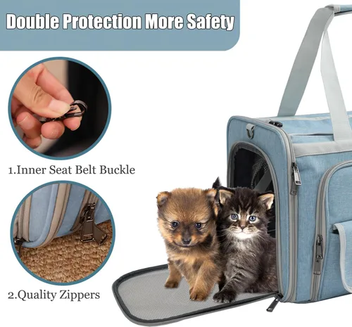 Vista 4 de Transportadores de gatos azul suave para perros, aprobado por aerolíneas, bolsa expandible para cachorros, lados blandos, expandido, bolsa de viaje