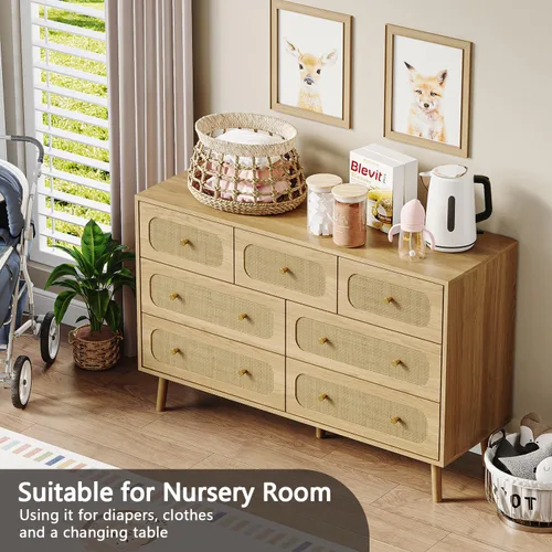 Vista 4 de SINROM® Cómoda de ratán para dormitorio, cómoda moderna de 7 cajones con asas doradas, cómoda de almacenamiento de madera para dormitorio, sala