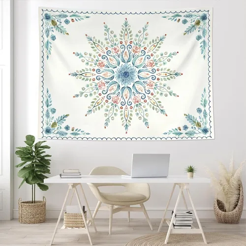 Vista 5 de Accnicc Tapiz bohemio con mandala floral para dormitorio, tapiz de pared con flores bohemias, pequeño, acuarela, azul, blanco, hippie, indio