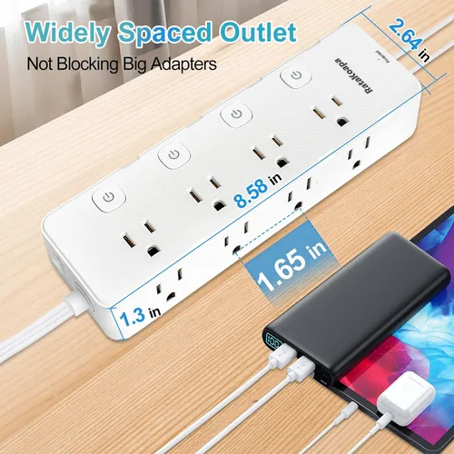 Vista 7 de Regleta protectora de sobretensiones de 15 pies, 8 salidas de CA, 4 USB (2 USB C), cable de extensión de enchufe plano con interruptores