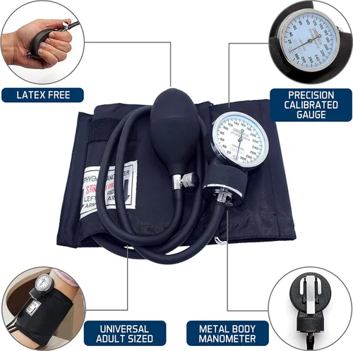 Vista 4 de Santamedical Esfigmomanómetro aneroide de lujo para adultos, monitor de presión arterial profesional con brazalete negro para adultos y funda