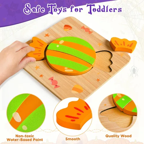 Vista 3 de Rompecabezas de madera de Halloween para niños pequeños de 1 a 3 años, rompecabezas de madera con calabaza, murciélago, fantasma, dulces, bruja