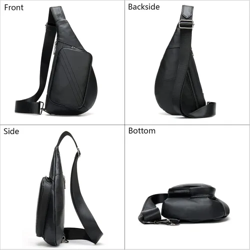 Vista 2 de Bolso bandolera para hombres y mujeres pequeño de cuero auténtico mochila cruzada de un hombro mochila cruzada para senderismo Negro