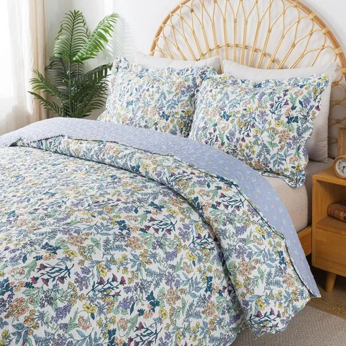 Vista 4 de HoneiLife - Juego de edredón de 3 piezas, colcha ligera de microfibra, diseño de flores silvestres, cubrecamas ligero y botánico, para todas