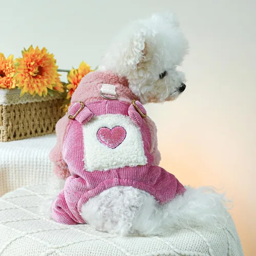 Vista 5 de Ropa para cachorros, pijamas para perro, trajes de invierno, abrigo para perros pequeños, overol de forro polar con patrón de corazón, pantalones