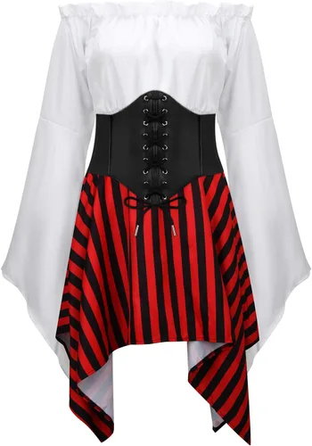 Vista 4 de 5 piezas de disfraz de pirata para mujer, cosplay, renacentista, blusa superior, corsé, cinturón de cintura, falda, rayas, pañuelo para la cabeza