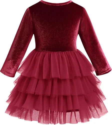 Vista 3 de Vestido de tutú de tul escalonado de terciopelo de manga larga para otoño e invierno para niñas y niñas