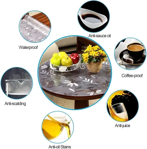 Vista 4 de Mantel redondo para mesa de comedor, protector de PVC transparente, rollo de plástico ajustable a prueba de agua, para mesa de comedor, tapete