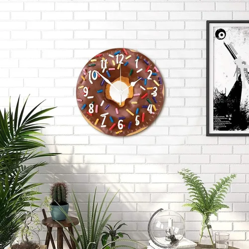Vista 3 de Reloj de pared redondo de madera con forma de dona y alimento, movimiento de barrido, reloj de pared de estilo moderno, adecuado para dormitorio