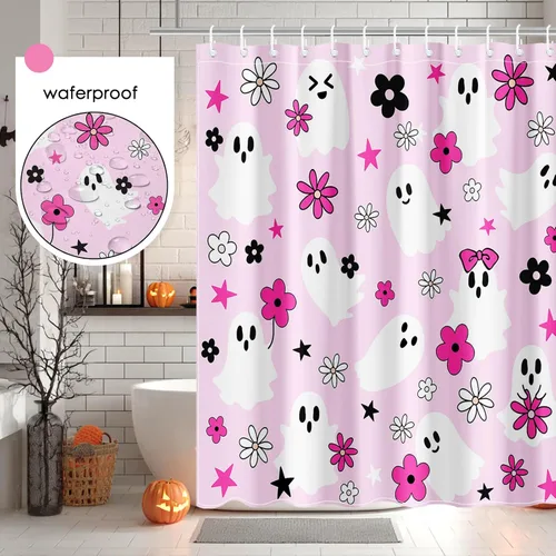 Vista 5 de Mocsicka Cortina de ducha rosa de Halloween, bonita decoración de baño de fantasma, cortina de ducha de fantasma floral genial, cortina de baño