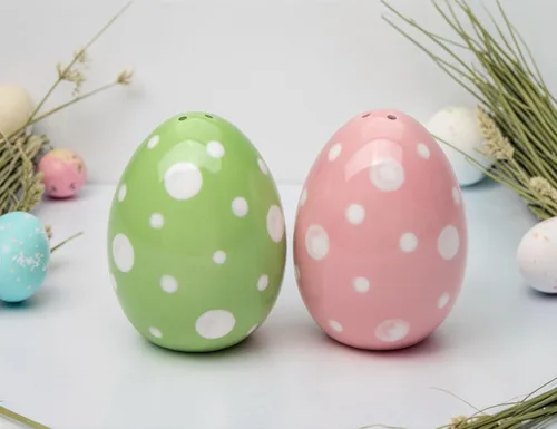 Vista 5 de Juego de cocteleras de sal y pimentero de huevo de Pascua rosa y verde de cerámica fina, 2-3/4 pulgadas de alto