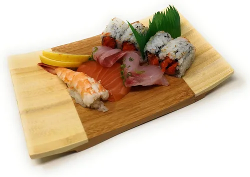 Vista 2 de Sashimi - Plato Geta para servir con curva de bambú para sushi, vajilla de estilo japonés, bandeja de corte de bambú