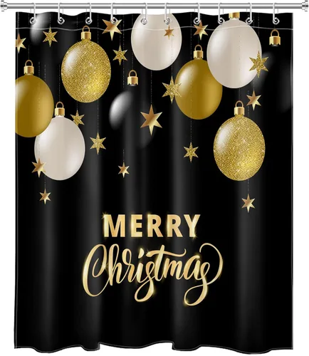 Vista 2 de LB Cortina de ducha de Feliz Navidad, bola de Navidad blanca y dorada sobre cortina de ducha negra para baño, 60 x 72 pulgadas, tela de poliéster