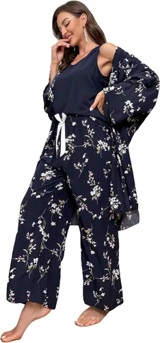 Vista 5 de WDIRARA Conjunto de pijama para mujer, 3 piezas, estampado de hojas, camiseta, pantalón y bata
