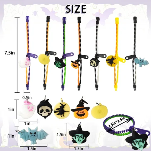 Vista 4 de OuMuaMua Pulseras con cremallera para fiestas de Halloween para niños, paquete de 28 pulseras con cremallera que brillan en la oscuridad