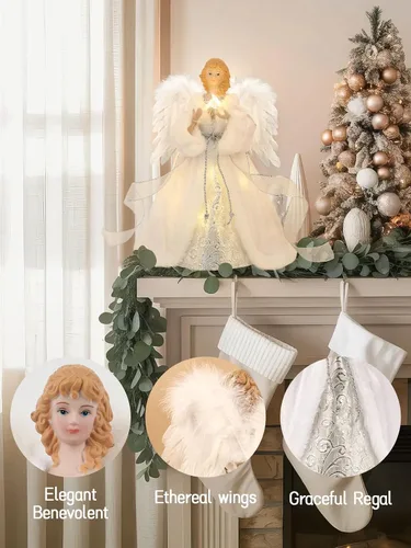 Vista 4 de HOHOTIME Adorno para la Copa del Árbol de Ángel de 12'' con Alas de Plumas Blancas y Falda Plateada, Adorno para la Copa del Árbol de Navidad