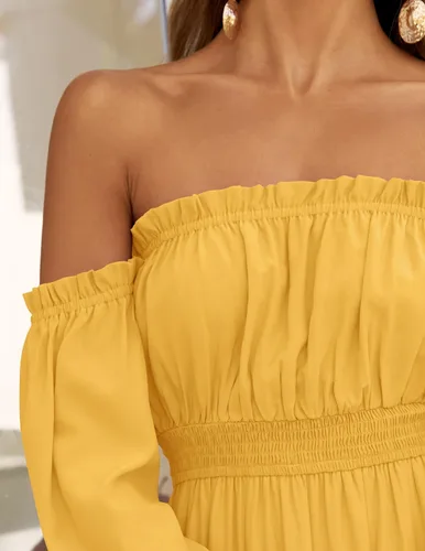 Vista 108 de ZESICA - Vestido largo, bohemio y sexy, con hombros descubiertos y manga larga fruncida, con elástico fruncido, cintura alta y abertura lateral