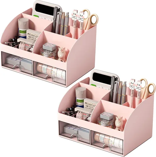 Vista 9 de Organizador de escritorio con 6 compartimentos y 2 cajones, organizador de maquillaje de plástico, soporte para bolígrafos para almacenamiento
