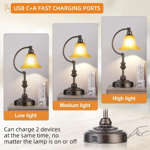 Vista 3 de RORIA Touch Farmhouse - Lámpara de mesa para sala de estar, lámpara de mesa de noche rústica regulable de 3 vías con puertos USB A+C, lámpara retro