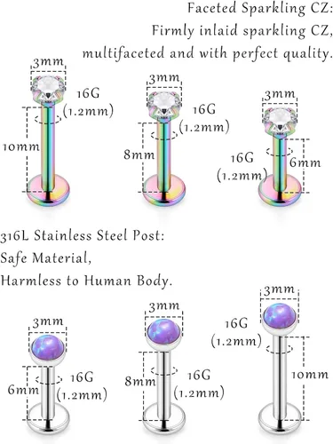 Vista 2 de Ovxznts - 18 anillos de labio de 16 G para mujeres y hombres de acero quirúrgico para medusa piercing de labret con circonita cúbica de diamante