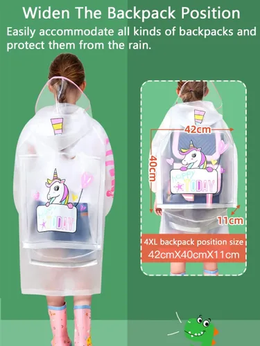 Vista 3 de Chubasqueros para niños y niñas, chaqueta de lluvia ligera, impermeable, poncho de lluvia reutilizable, ropa impermeable de 5 a 14 años