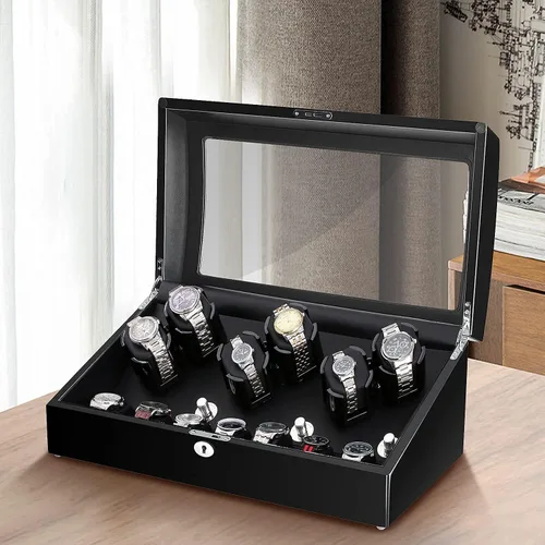 Vista 2 de Watch Winder, 6 Watch Winder Box with 7 Extra Storage, Black Wooden Shell, Watch Winder Display Case with Quiet Motor and Flexible Watch Pillows
