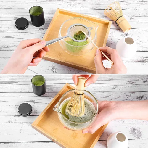 Vista 2 de ZENRC Kit completo de tazón y batidor de matcha, batidor de bambú tradicional japonés retro (Chasen), cuchara, cuenco de matcha de vidrio