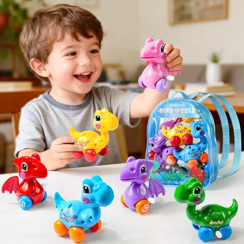 Vista 3 de Beestech Juguetes de dinosaurio de cuerda para niñas de 3, 4, 5, 6 años Suministros de fiesta de cumpleaños de dinosaurios, con mochila