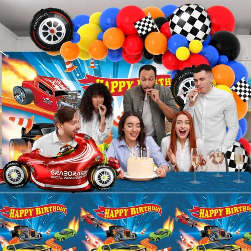 Vista 5 de 134 piezas de suministros de fiesta de cumpleaños de coches de carreras, guirnalda de globos, kit de arco de telón de fondo, mantel de camión