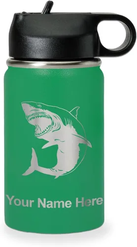 Vista 63 de LaserGram Botella de agua personalizada, gran tiburón blanco, acero inoxidable de doble pared aislada al vacío con popote superior, regalo grabado
