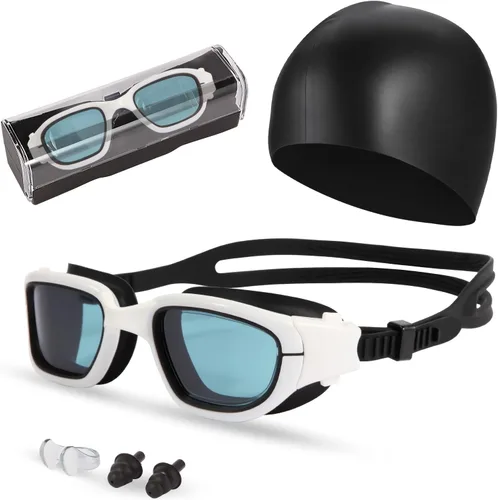 Vista 8 de Gafas de natación, gafas para adultos con gorro de natación, clip de nariz y tapones para los oídos, protección UV, lente antivaho y funda