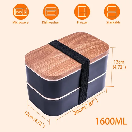 Vista 5 de Bento Box - Lonchera para adultos a prueba de fugas, 54 onzas, color negro