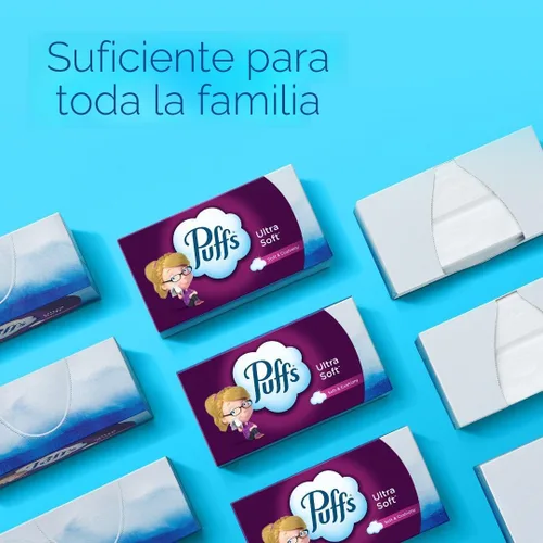 Vista 7 de Puffs - Pañuelos faciales ultra suaves, 1 caja de tamaño familiar, 124 pañuelos faciales por caja