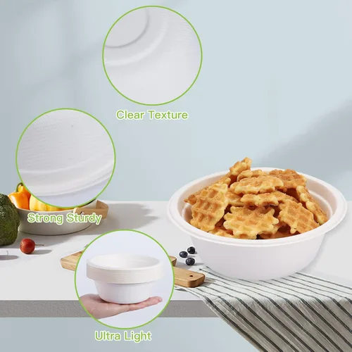 Vista 3 de 150 cuencos de caña de azúcar ecológicos – Cuencos de papel desechables resistentes de 12 onzas – 100% compostables y biodegradables para alimentos