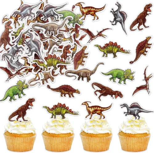 Vista 8 de 40 piezas comestibles de dinosaurio para cupcakes, papel de oblea, dinosaurio, bebé, dinosaurio, magdalena, decoración para fiestas de cumpleaños