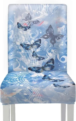 Vista 2 de HUGS IDEA Butterfly Dining Room Chair Covers Set of 2 Blue Marble Stretch Parsons Chair Slipcovers Washable Kitchen Chairs Protector Covers for