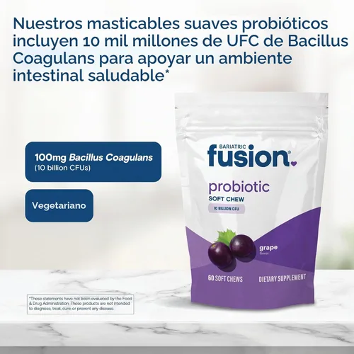 Vista 5 de Bariatric Fusion Masticables blandos probióticos Vitamina bariátrica masticable con sabor a uva 10 mil millones de UFC Bacillus coagulans