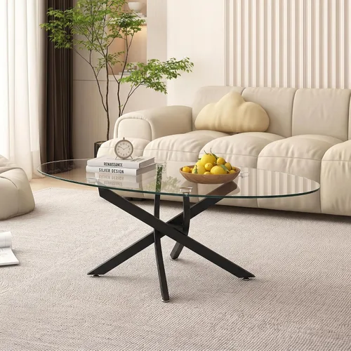 Vista 7 de Henf Oval Glass Coffee Table, 39.4'' Transparent Top, Black Metal Legs