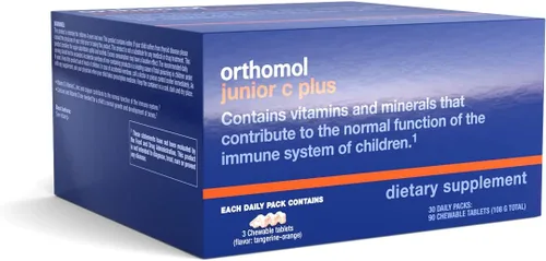 Vista 3 de Orthomol Immun Junior C Plus, multivitamínico para niños, sabor a mandarina, suministro para 30 días