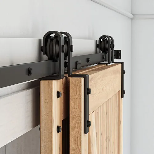 Vista 8 de SMARTSTANDARD Kit de herramientas para puerta corrediza de granero de 4 pies, para puertas de madera dobles - Riel único - Suave y silencioso