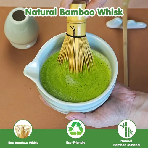 Vista 3 de Juego de batidor de matcha, 7 piezas de batidor de cerámica matcha, cuenco con boquilla, soporte, tamiz inoxidable, cuchara de bambú y toalla de té