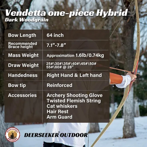 Vista 2 de Deerseeker Tiro con Arco 64" Reflex Deflex Híbrido de Una Pieza Arco Largo Tradicional con Miembros de Bambú Laminado y Fibra de Vidrio Transparente