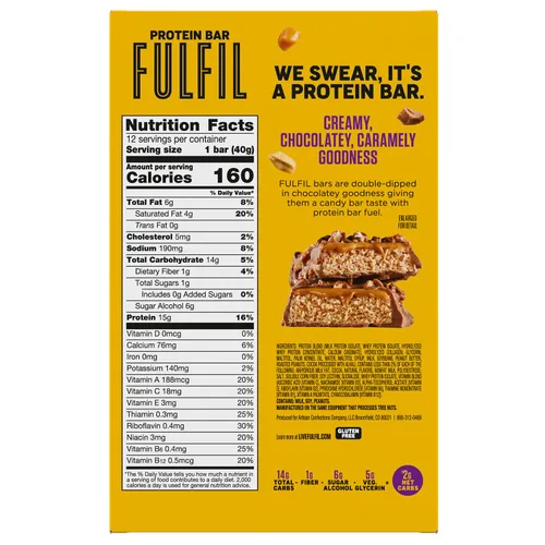Vista 3 de Barras de snack de proteína FULFIL, sabor chocolate y caramelo con maní, sin gluten con 0.53 oz (15 g) de proteína, productos básicos de despensa