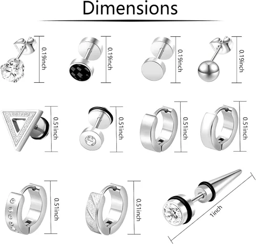 Vista 2 de ONESING Juego de 15 pares de aretes para hombre, aretes negros de acero inoxidable, aretes de cruz para hombres y mujeres, hipoalergénicos