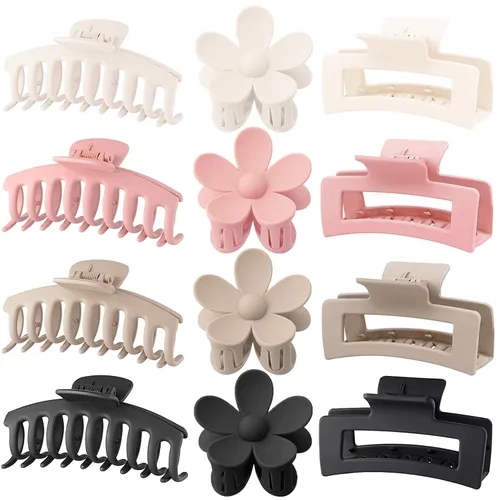 Vista 11 de Pinzas Grandes para Cabello Tipo Garra, Paquete de 12, Pinzas para Cabello con Flores para Cabello Fino, Grande Cuadrado Mate Sujeción Fuerte